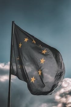 European Union flag gently waving on a flagpole against a cloudy sky, symbolizing unity and patriotism.