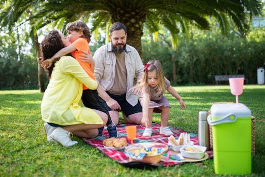 A joyful family picnic under palm trees in Portugal, enjoying quality time together.